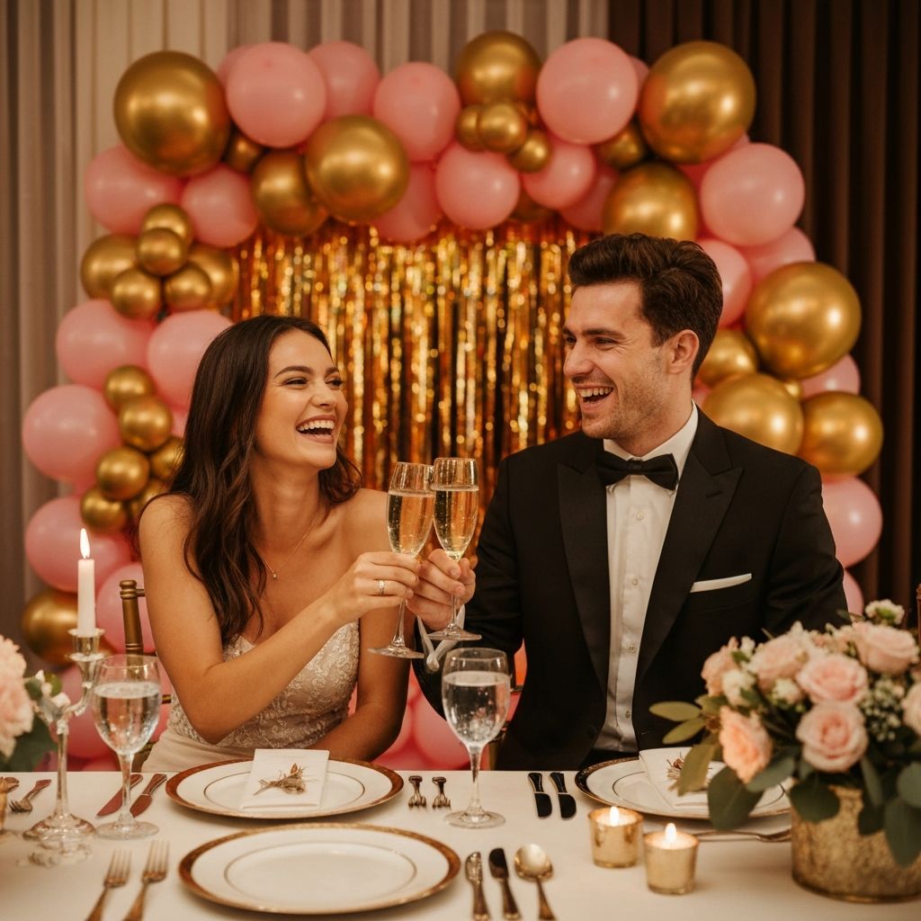 Happy couple celebrating with balloon decorations