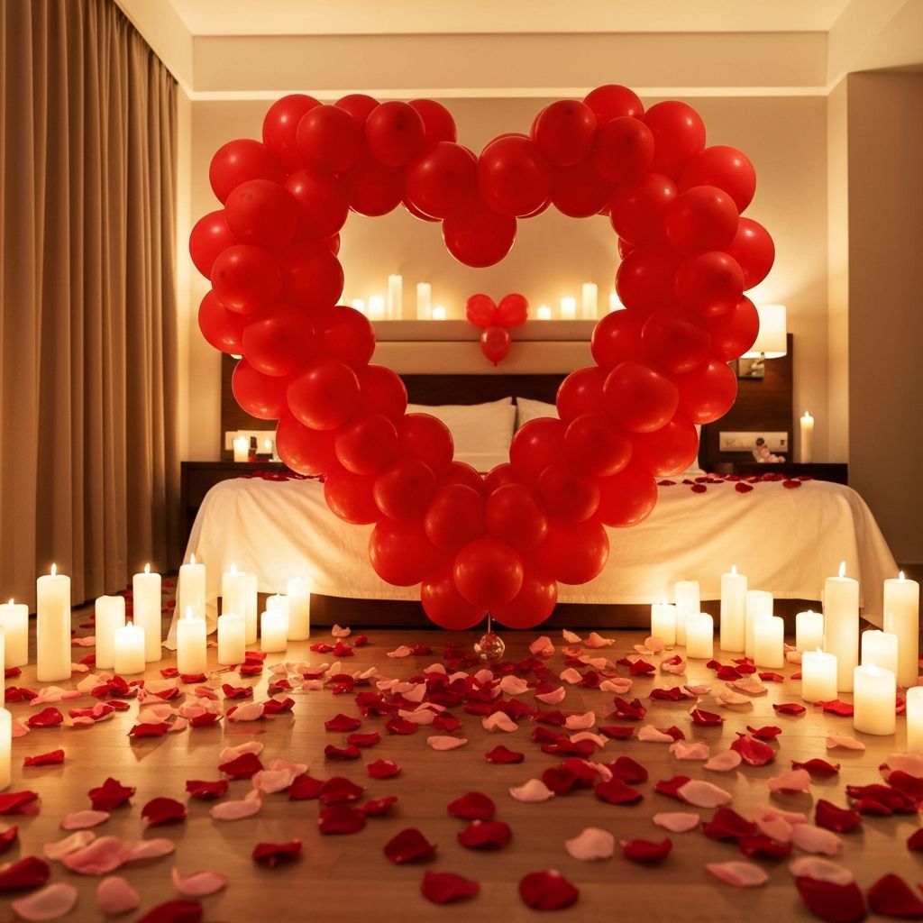 Romantic anniversary room decoration with red and gold balloons