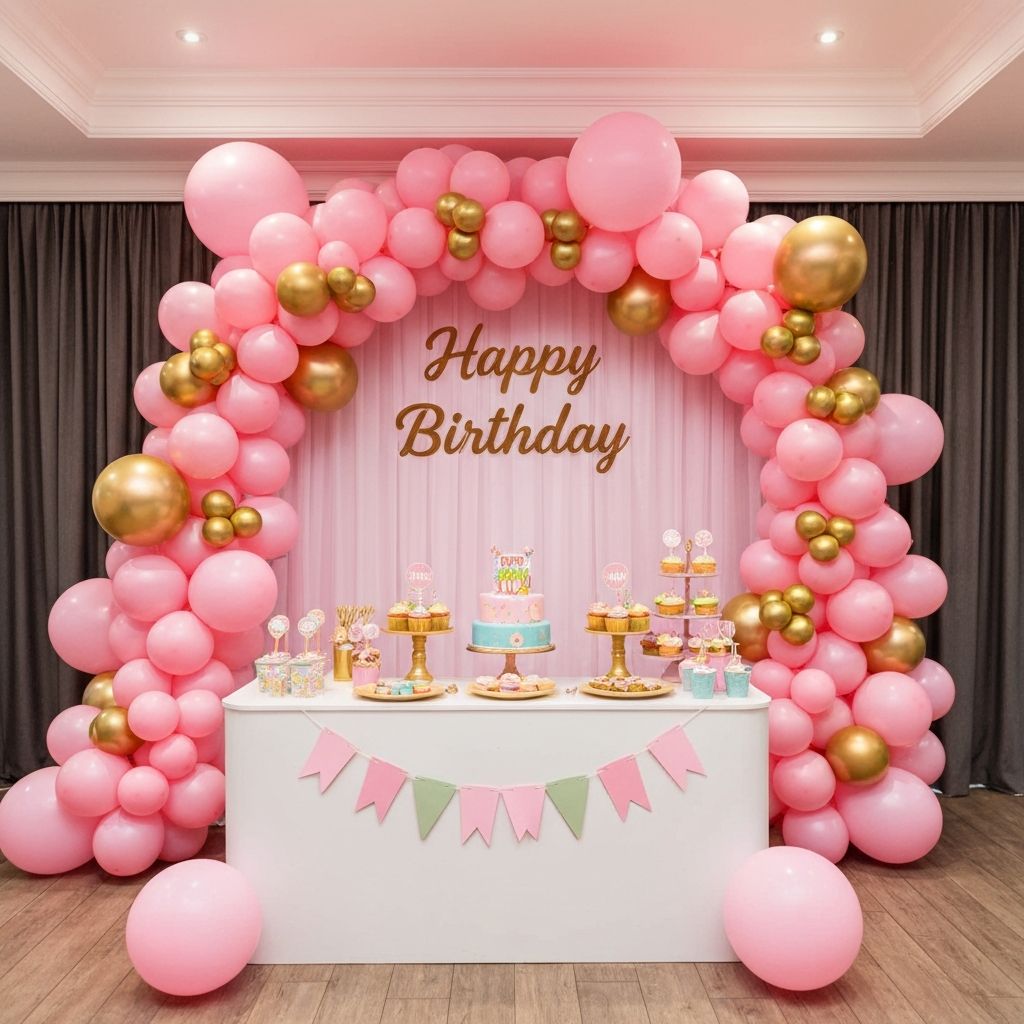Kids birthday party balloon decoration with pink and gold theme
