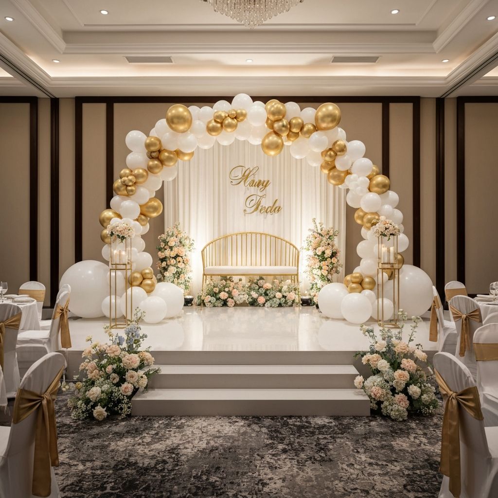 Wedding decoration with white and gold balloon arch