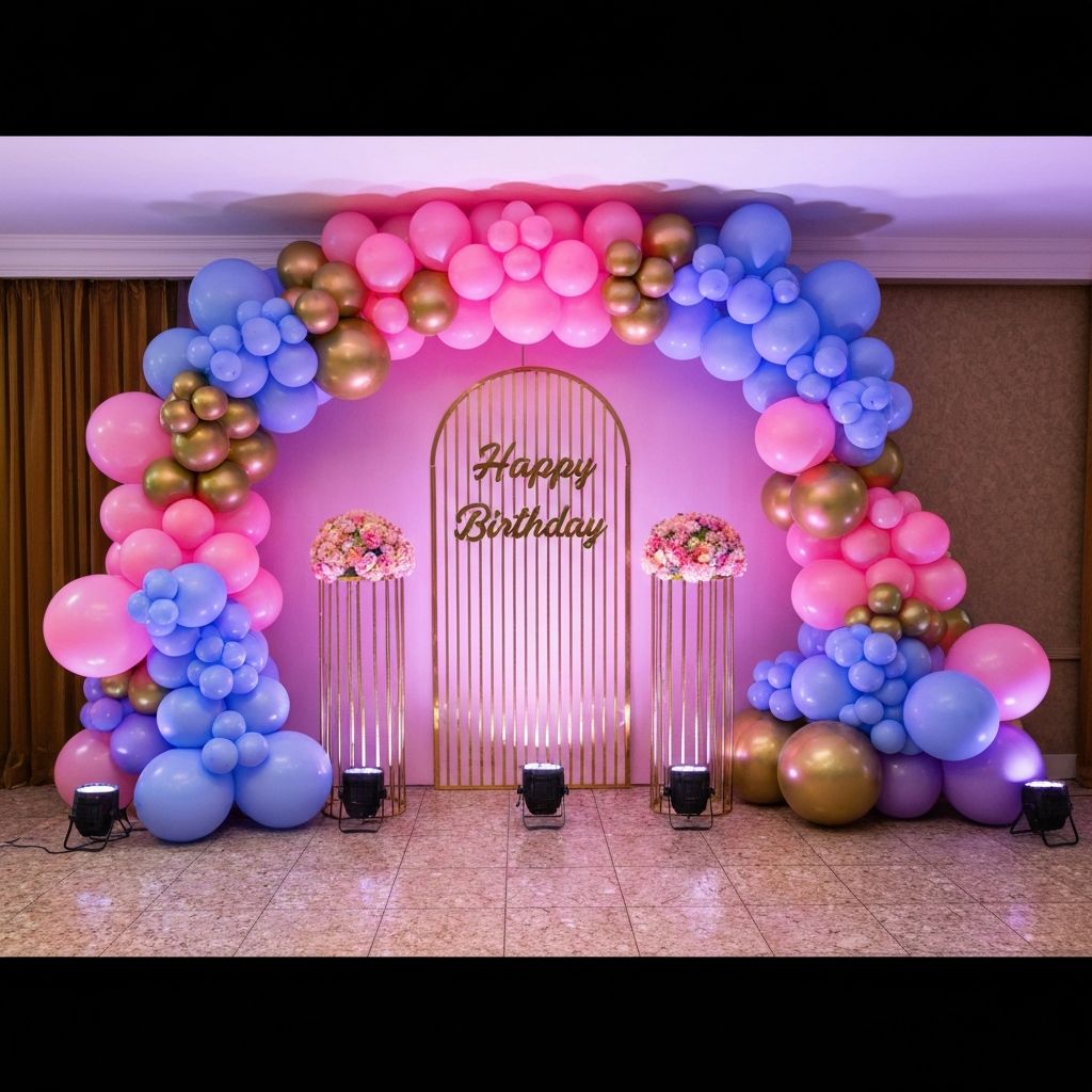 Luxury birthday balloon decoration setup with colorful balloons
